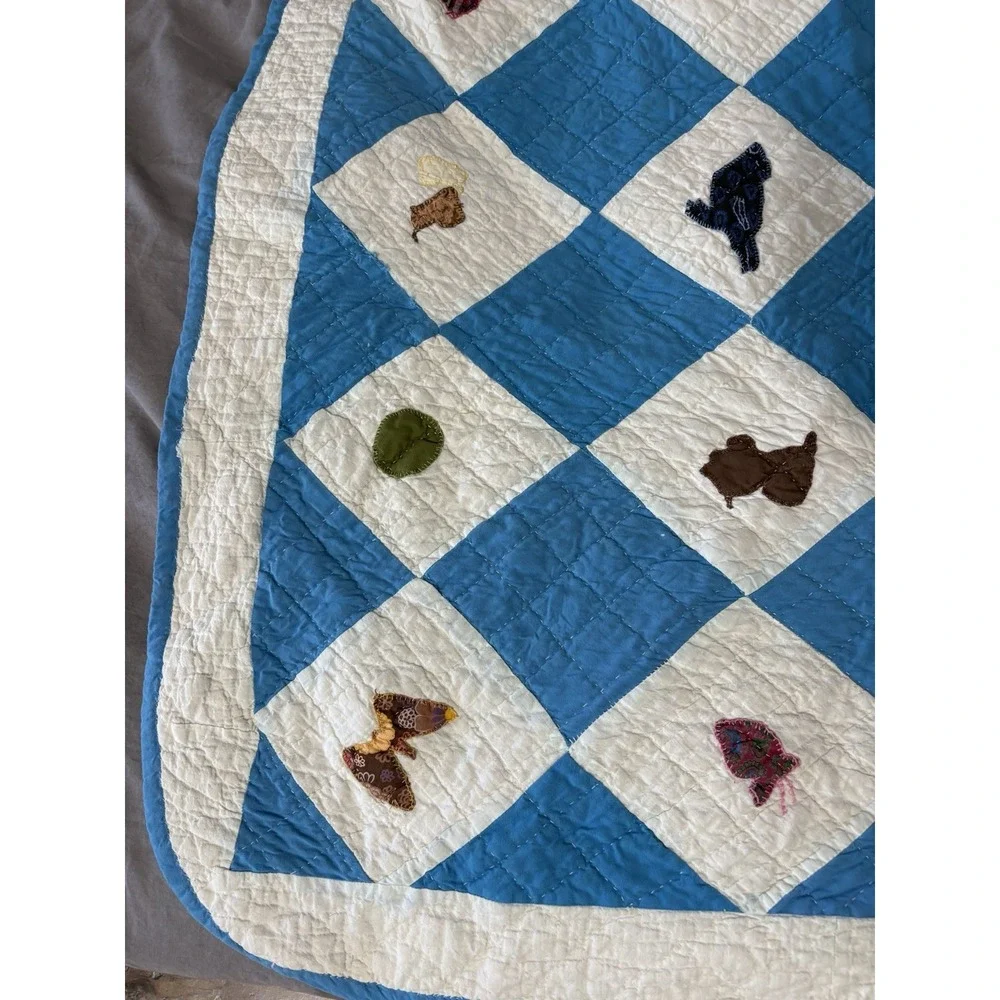 Antique Cotton Patchwork‎ Quilt Blue White Handmade Square Blocks 48